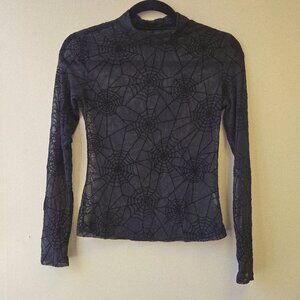 Black Spiderweb Mesh Mock Neck Long Sleeve Top Sheer Goth Halloween‎ Costume XS